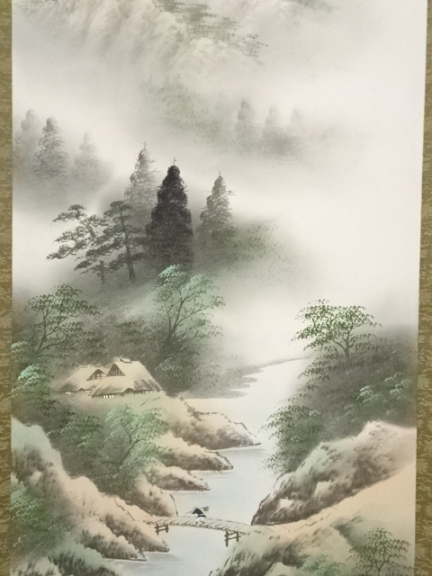 淡彩水墨山水図 秀峰筆 絹本掛け軸 桐合箱